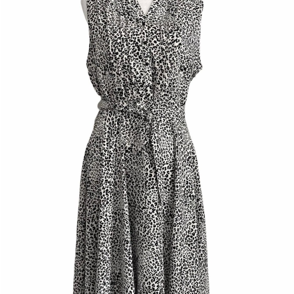 Nanette Lepore Black and White Leopard Fit Flare Sz8 belted, sleeveless dress